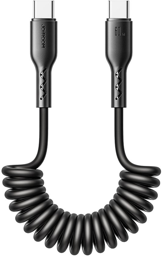 Joyroom - USB-C naar USB-C Kabel - Krulsnoer - Uitrekbare oplaadkabel - Universele oplaadkabel - 1,5 m - 60W - Zwart