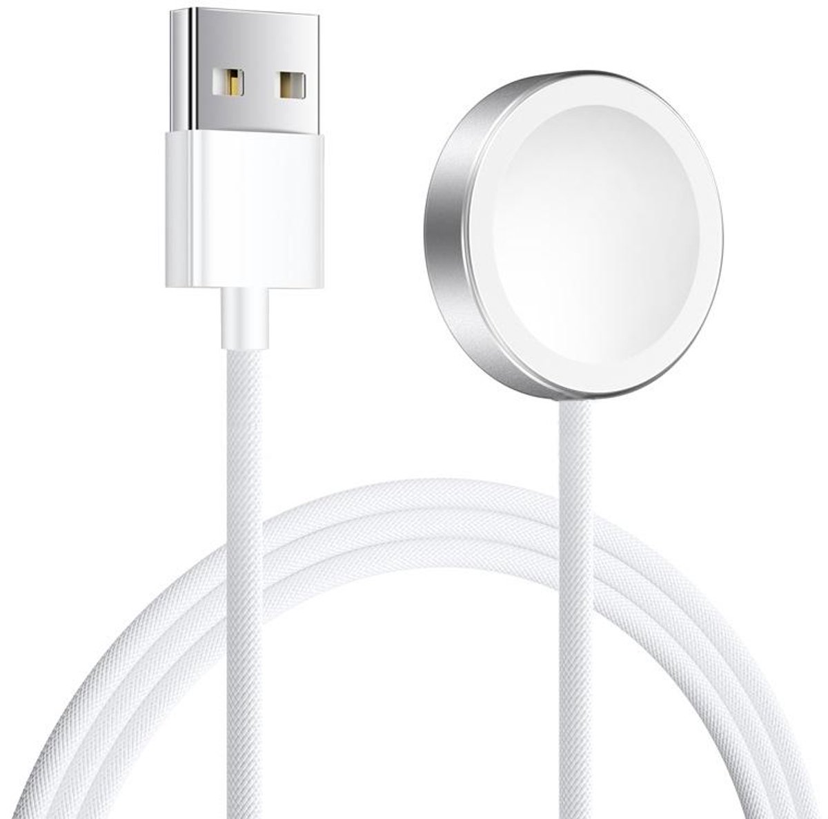 Oplader - USB gevlochten oplaadkabel - 1 meter - geschikt voor Apple Watch Series 1 / 2 / 3 / 4 / 5 / 6 / 7 / 8 / 9 / 10 / SE / SE 2 / Ultra / Ultra 2 - draadloos opladen - wit