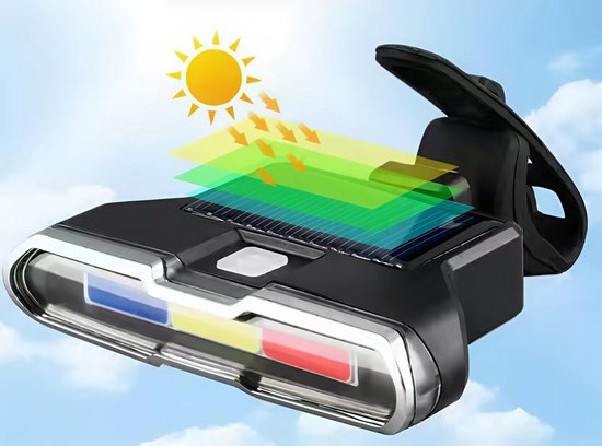 Fiets driekleurige dimbare achterlicht USB + zonne-energie dubbele oplading hoge helderheid COB knipperende nachtwaarschuwing fiets achterlicht — afbeelding 2