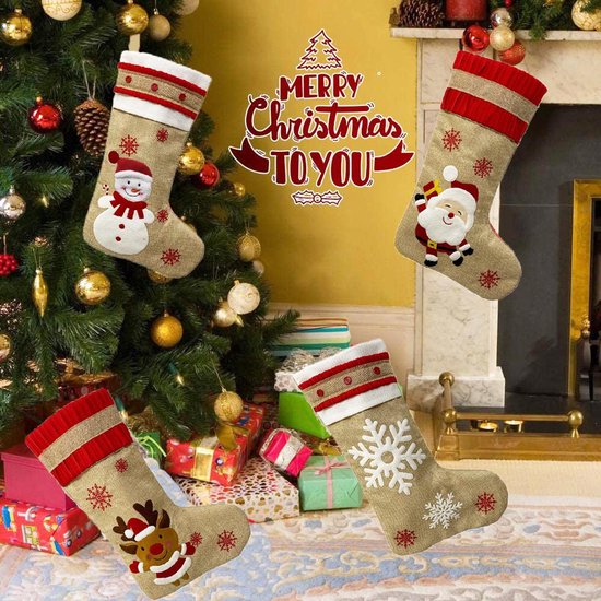 4 Kerstkousen om te Vullen en Ohangen, Kerstversiering, Kerstsokken, Kerstmanskousen Hanging Kousen, Voorraadvullers Groot Format voor Kerstversiering Rood