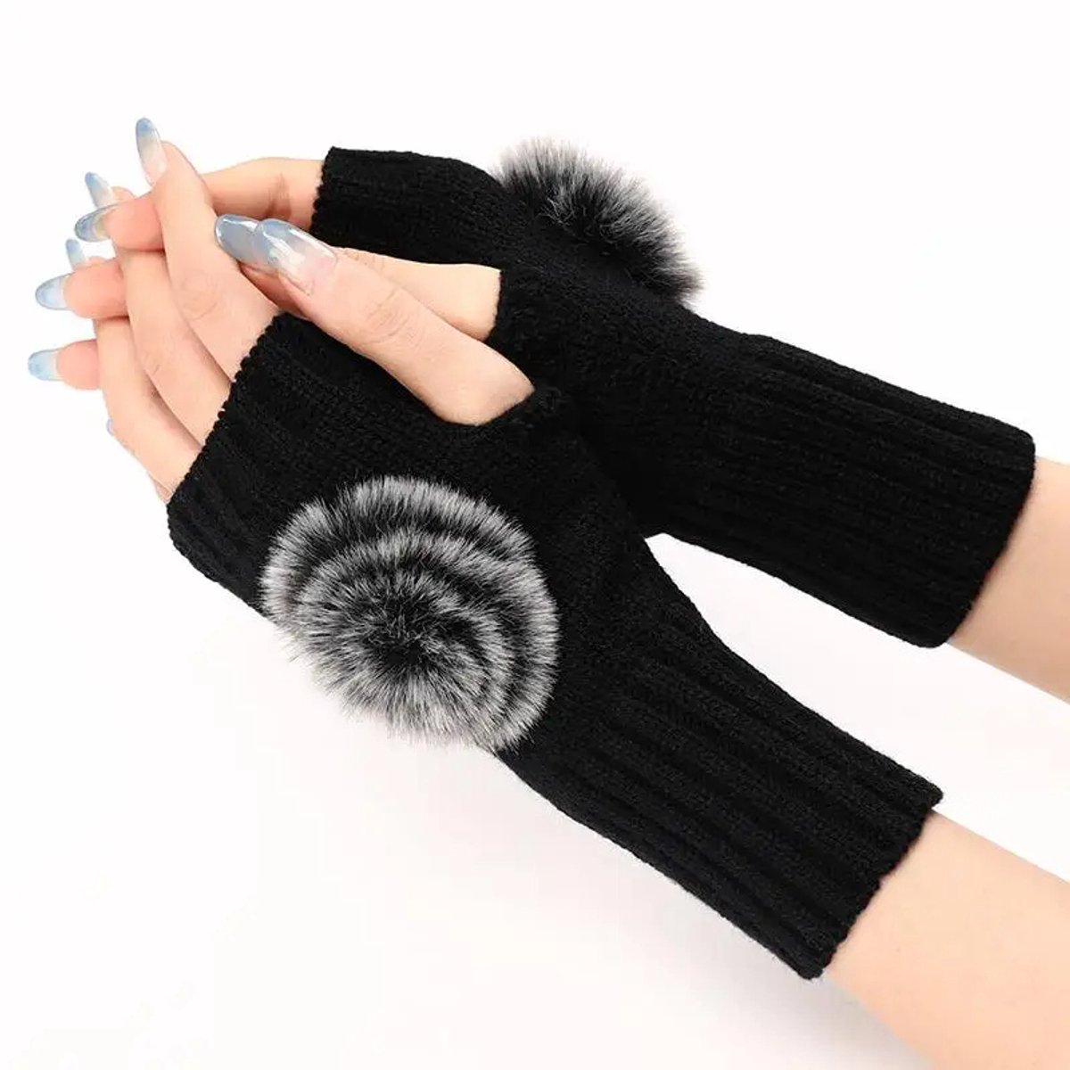 Vingerloze Gebreide Dames Handschoenen – Warme Polswarmers met Nepbont Pompon voor Herfst & Winter, Handgemaakt in Effen Kleur