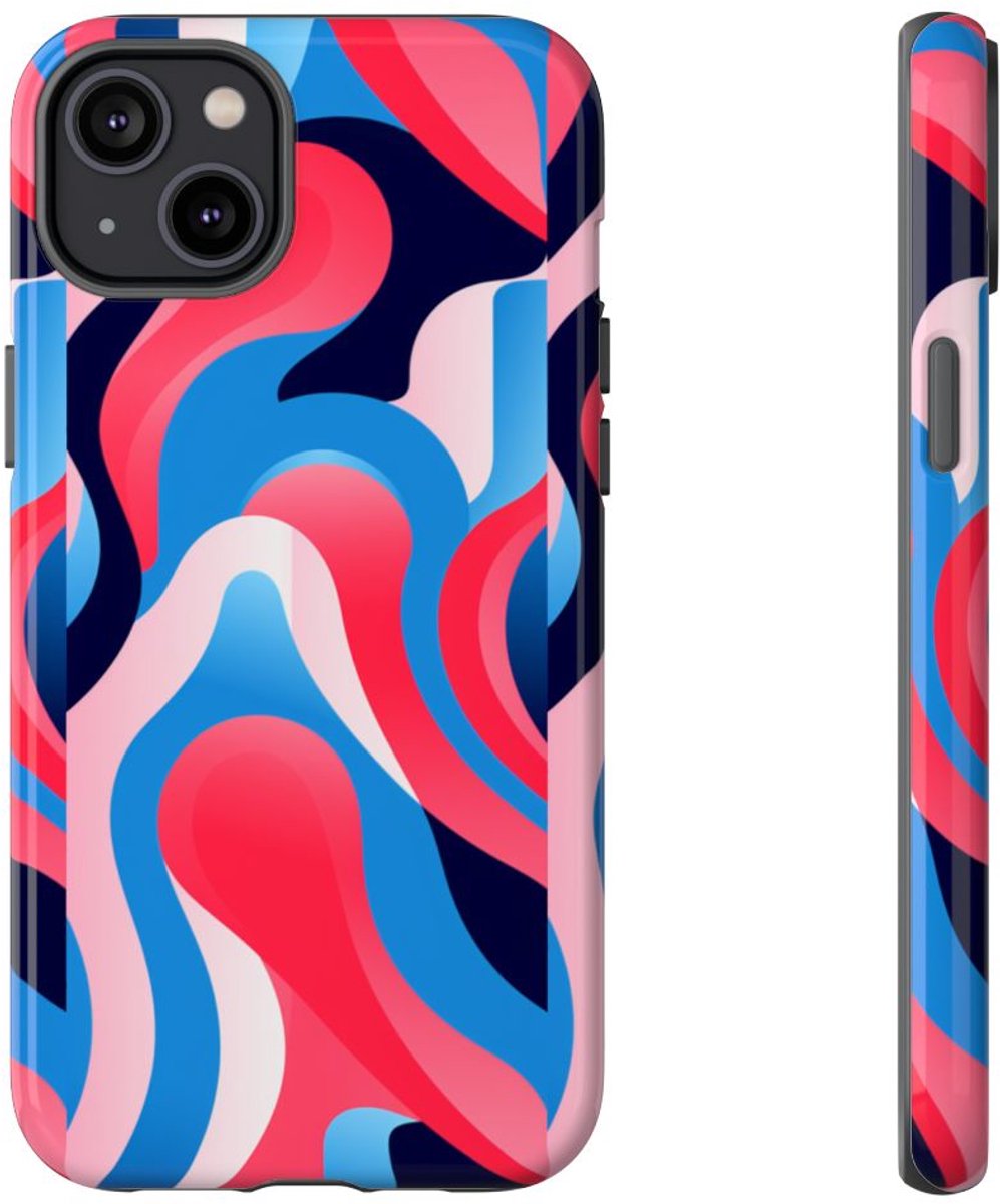Blauw-Rood Abstract Golvend Patroon – Telefoonhoesje Geschikt voor iPhone 14 Plus
