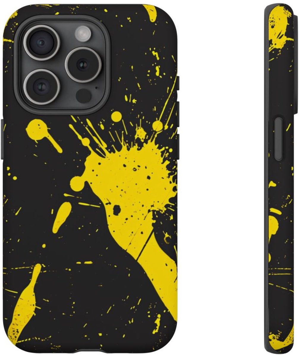 Gele Verfspatten op Zwarte Achtergrond – Telefoonhoesje Geschikt voor iPhone 15 Pro