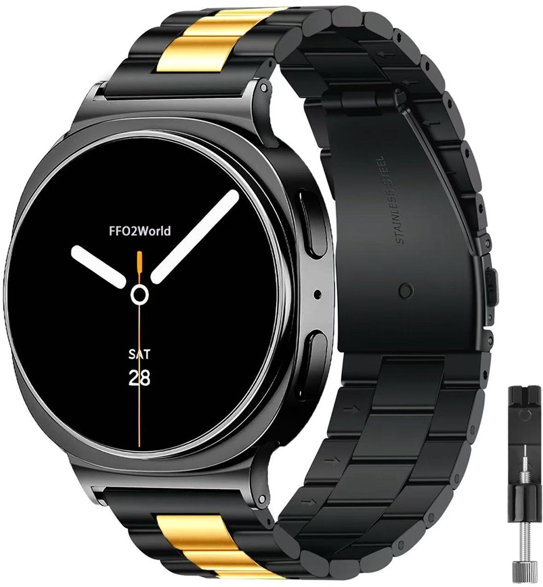 Stravo Stalen schakel band 'Classic' - Hoogwaardig RVS bandje geschikt voor Samsung Galaxy Watch 8 - 40mm / Galaxy Watch 8 - 44mm / Galaxy Watch 8 Classic 46mm - inclusief inkortset (Zwart/goud)