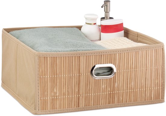Relaxdays opbergmand set van 2, bamboe, met stof, HBD: 20 x 31 x 31 cm, mandje, met handgreep, kastmand, natuur-wit