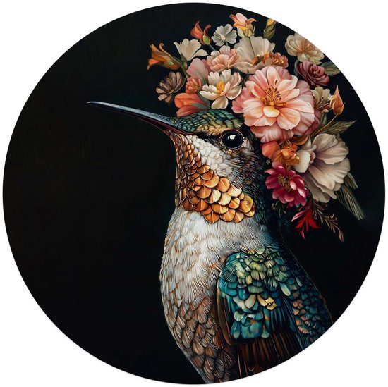 Een kolibrie met een kroon van oranje, roze en rode bloemen op een zwarte achtergrond.