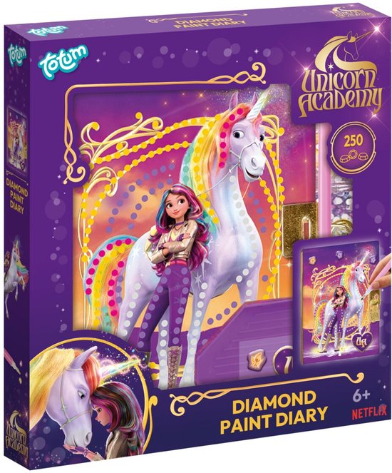 Doos van een diamant schilderij dagboek met een eenhoorn en meisje, 250+ diamantjes, slot en sleutel.