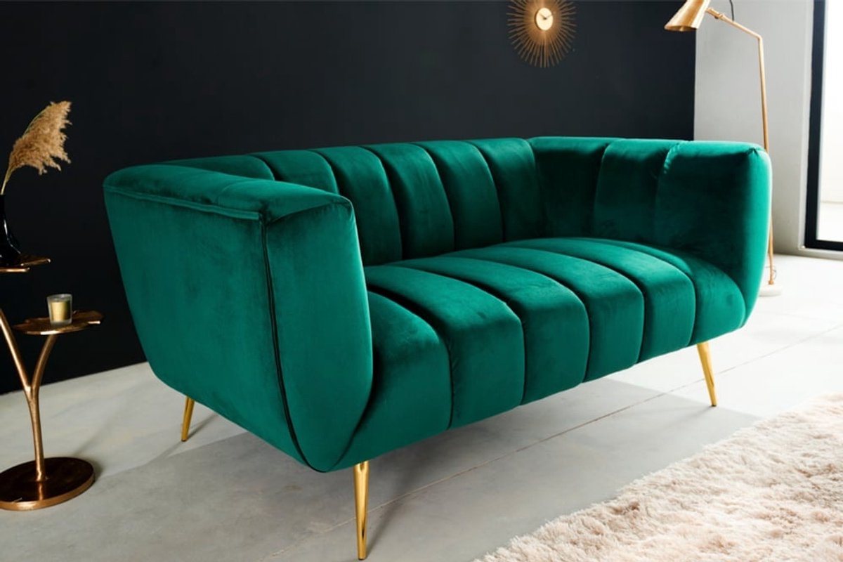 Retro 2-zitsbank NOBLESSE 165cm smaragdgroen fluwelen 2-zitsbank met decoratieve quilting - 41247