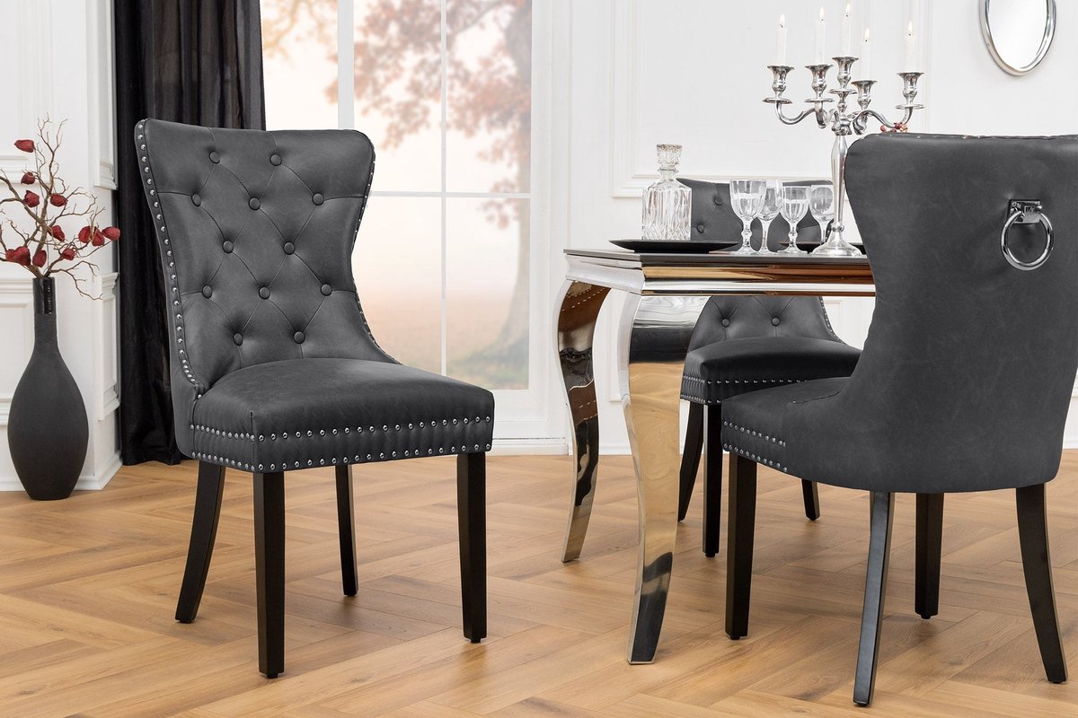 Invicta Interior Chesterfield Stoel CASTLE Zwart Kunstleer Massief Hout met Comfort Handvat - 44585 Zie omschrijving