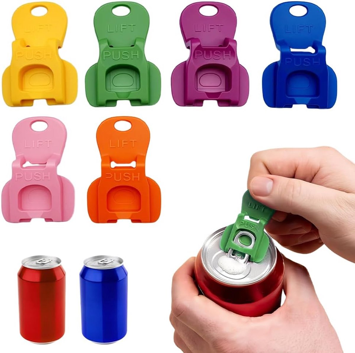 EXCITAT Eenvoudige ringopener - Drankbeschermer - Kleurrijke blikopener voor frisdrank - Geschikt voor cola, bier, plastic drankblikjes - 6 stuks