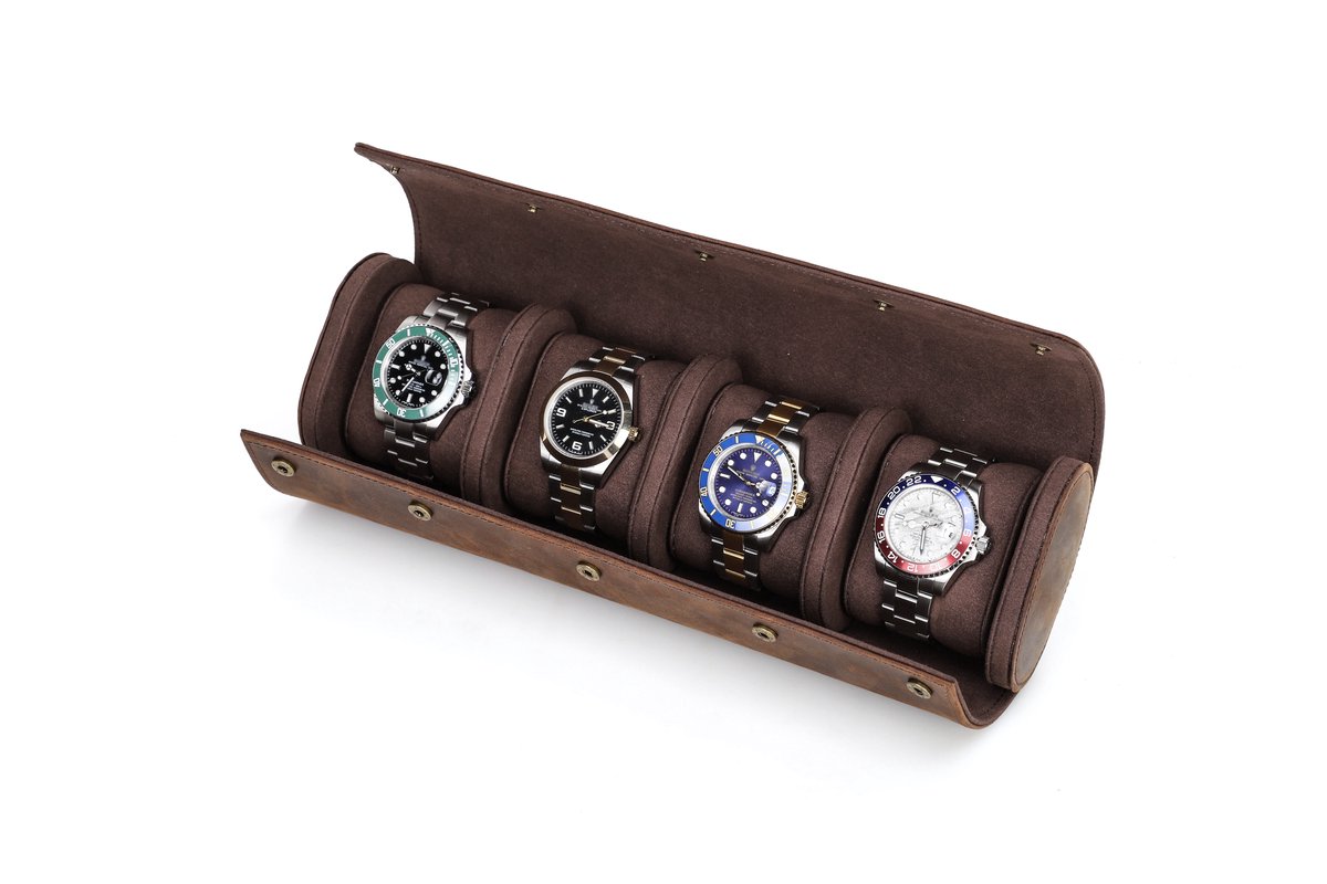 Timezone - Leren Watch roll voor 4 Horloges - Horloge doos - Horloge etui - Horloge reisetui - Horloge Rol
