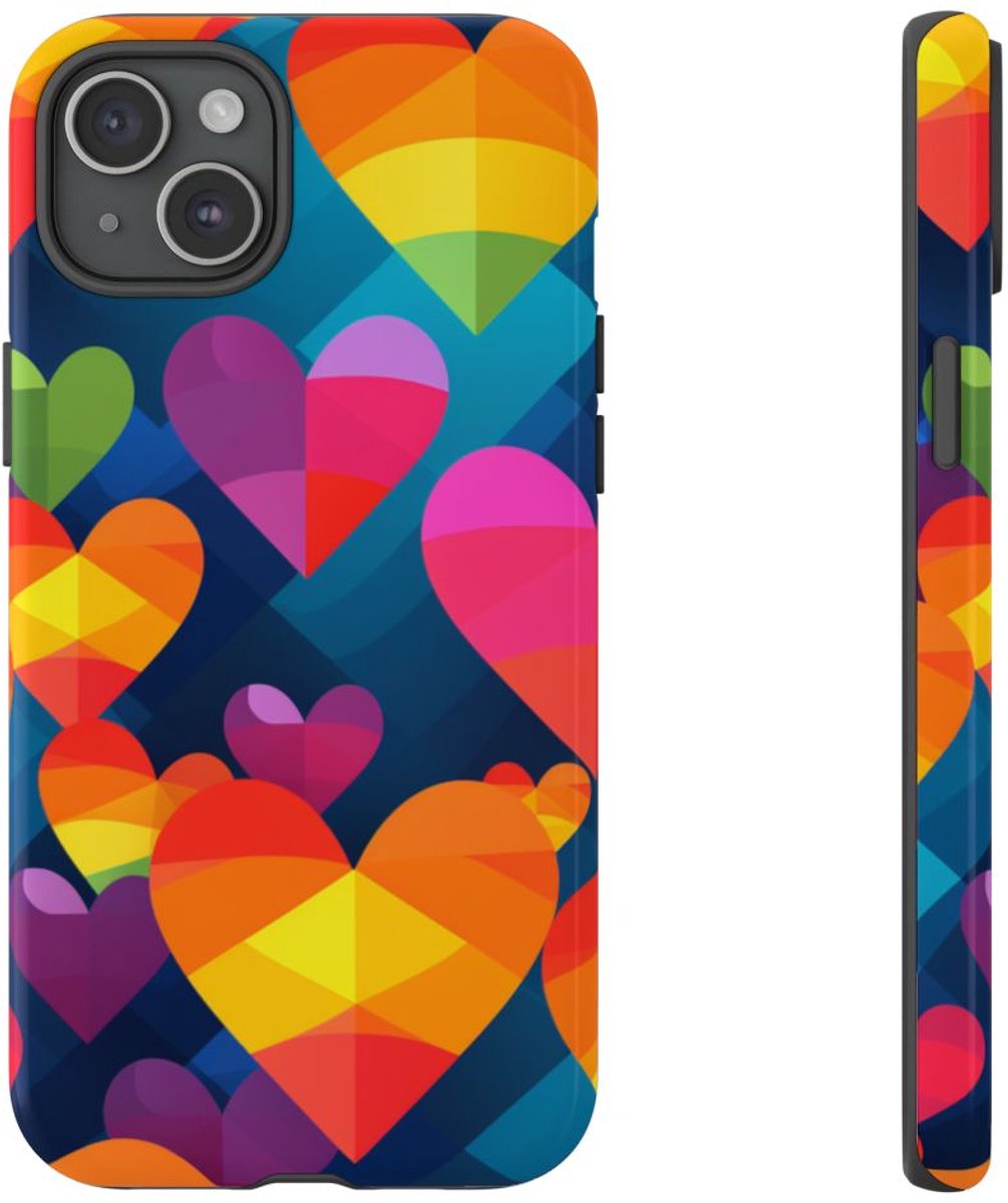 Kleurrijk Geometrisch Hartenpatroon – Telefoonhoesje Geschikt voor iPhone 15 Plus