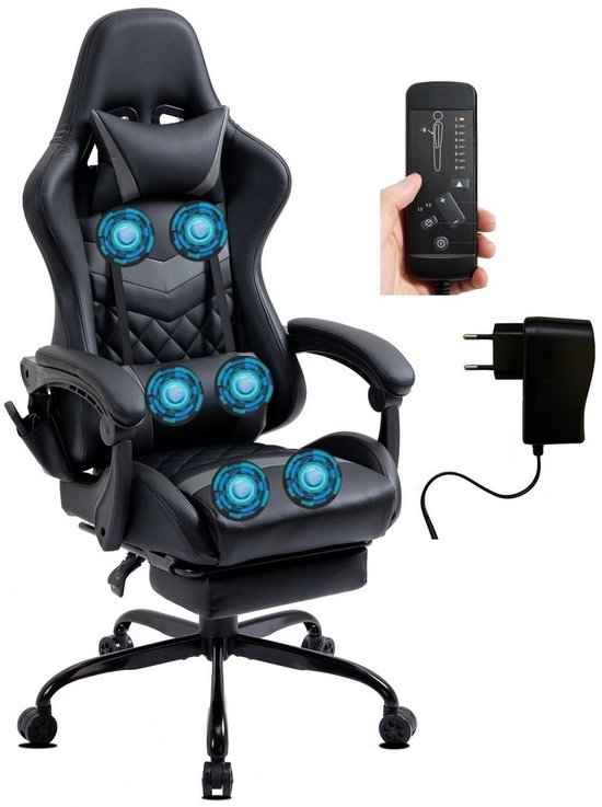 Delman Gaming Stoel met Massagefunctie – Ergonomische Bureaustoel met 6 Vibratiepunten, Hoofdkussen, Lendenkussen, Voetsteun en Zijvakken, Sterk Metalen Onderstel – Ideaal voor Kantoor & Studieruimte