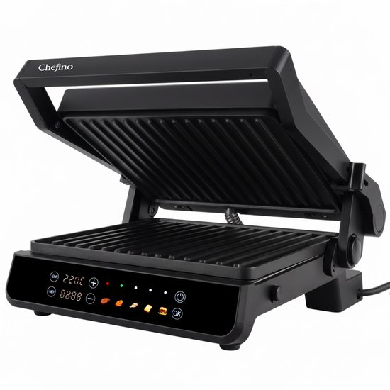 Chefino Contactgrill XL - 2000W - PFAS-vrij, uitneembare platen & 5 kookstanden - Groot Formaat - Tosti ijzer - Panini maken - Digitaal Grill Apparaat - 180 graden uitklapbaar - Tosti Apparaat