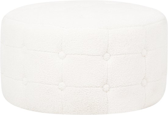 Ronde, witte poef met bouclé stof en knopen.