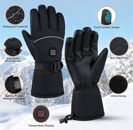 Zwarte verwarmde handschoenen met label "Non-Slip Palm" en "Velvet lining". Toont ook "Waterproof material" en "Adjustable Wrist Buckle".