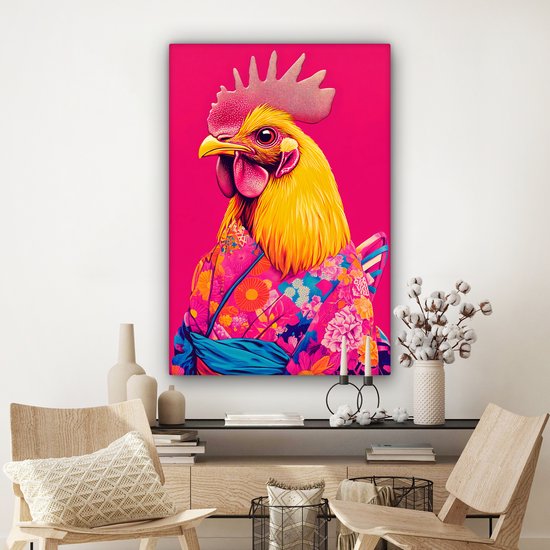 Tableau sur toile 80x120 cm - Décoration murale exclusive Coq - Coloré - Kimono - Rose - Décoration murale salon - Décoration chambre - Accessoires de chambre - Peintures sur toile
