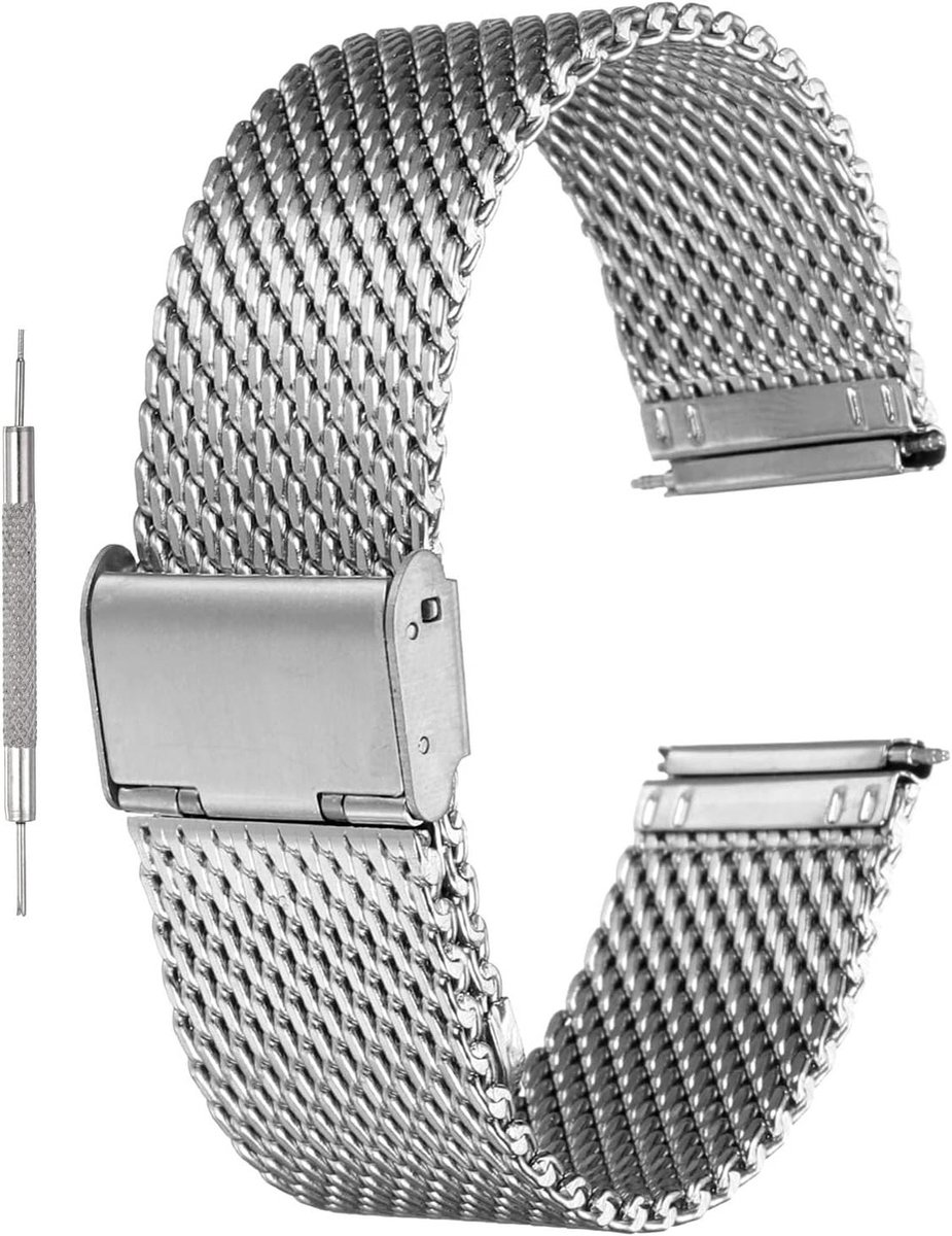 Allecto plus - Mesh horlogeband 22 mm roestvrij staal verstelbaar, zilverkleurig - Reservearmband voor heren en dames