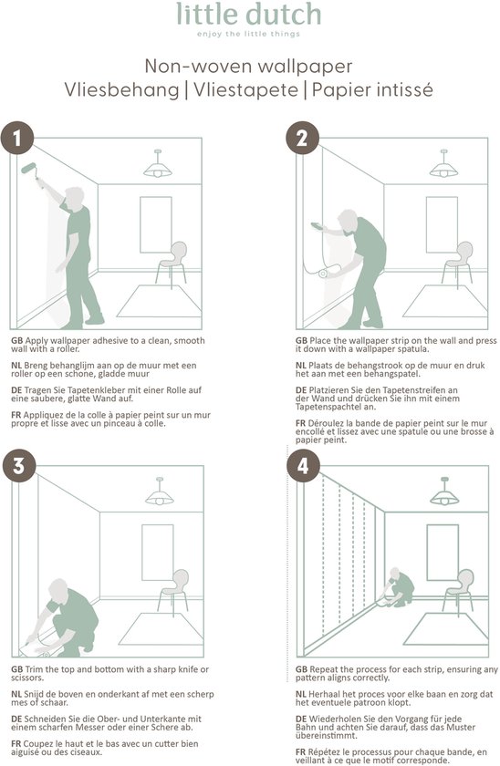 Instructies voor het aanbrengen van non-woven behang, met vier illustraties.