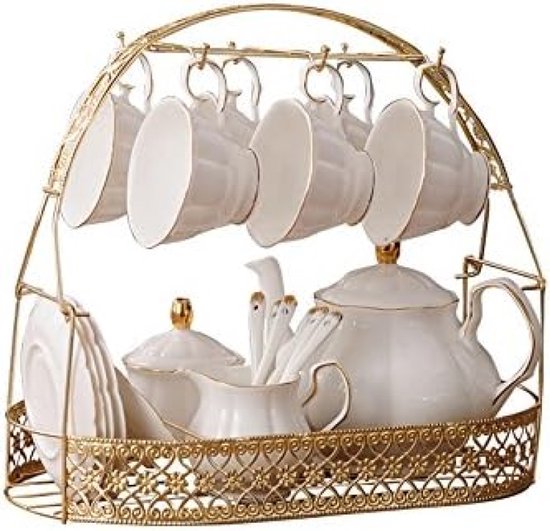 PromoHome 15-delige Witte Theeset - Keramisch Servies met Metalen Presenteerstandaard