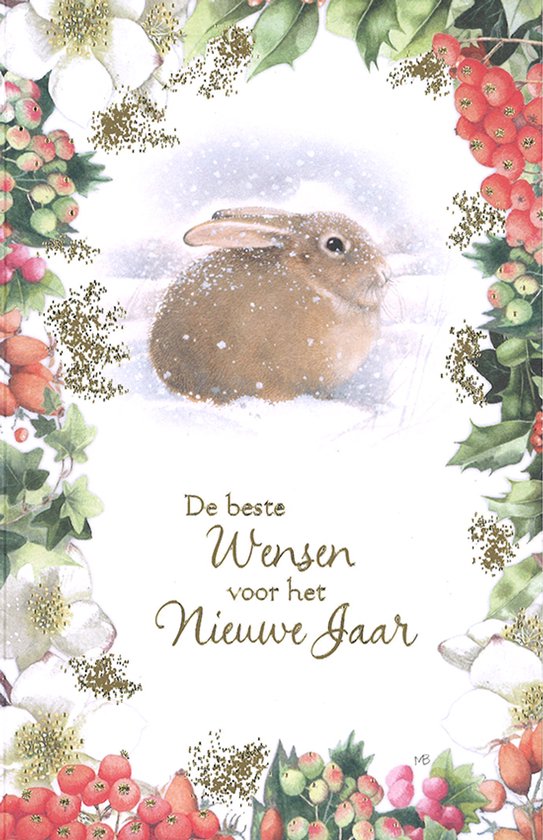 Een nieuwjaarskaart met een schattig konijn in de sneeuw, omringd door winterse bloemen en bladeren. Tekst: De beste Wensen voor het Nieuwe Jaar.