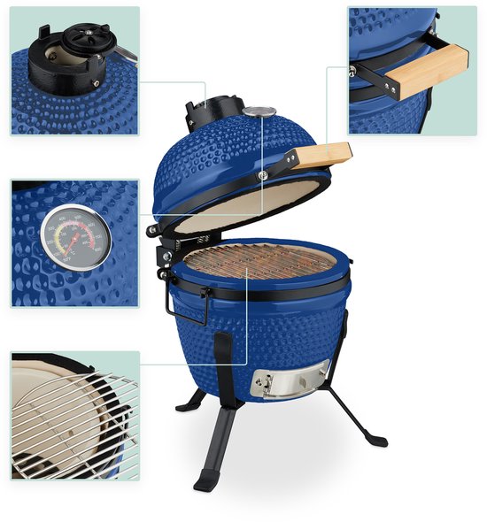 Kamado barbecue - Ø 26 cm - keramisch - met thermometer - deksel - blauw van Mandarin Grill — afbeelding 4
