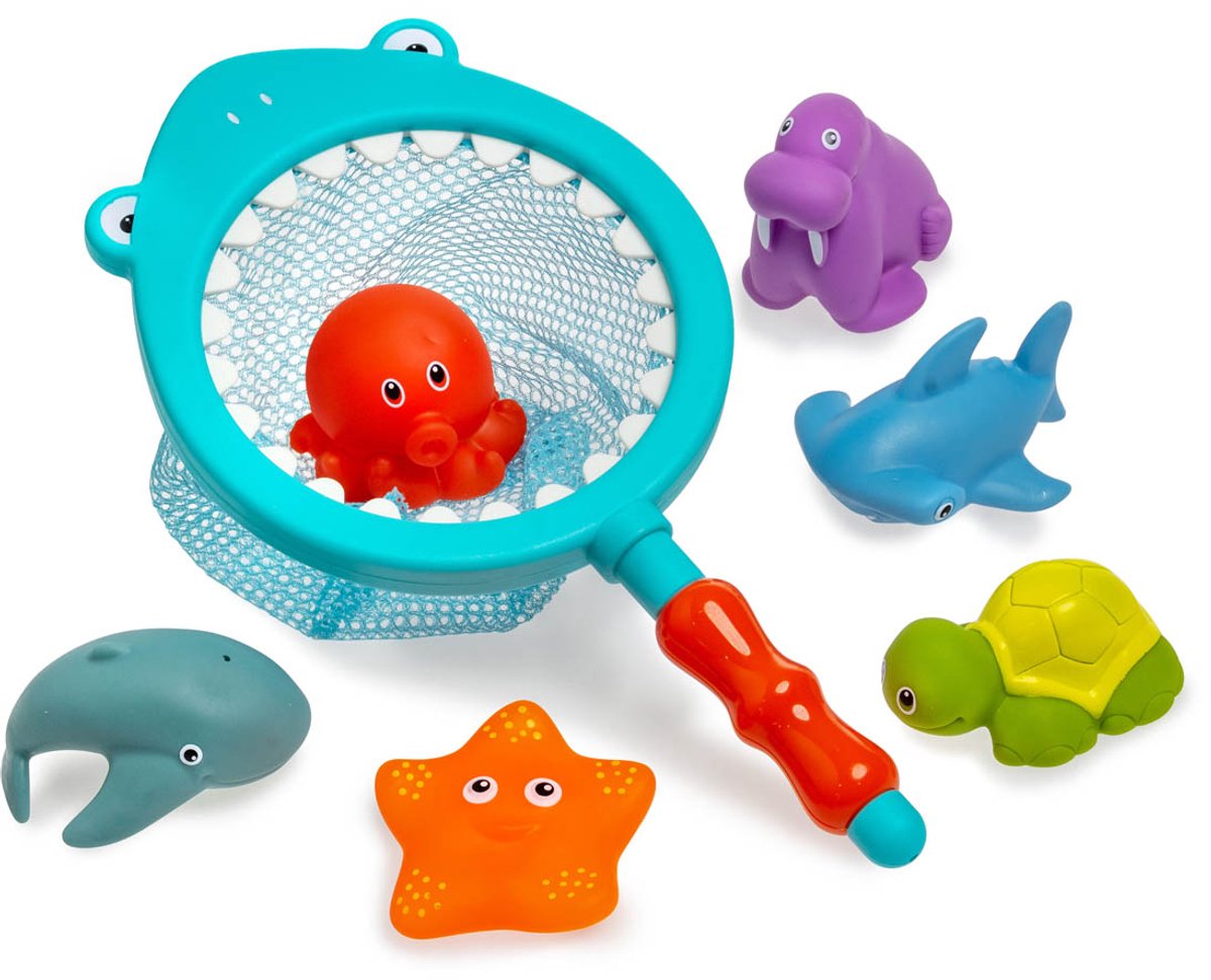 Visnet badspeelgoed haai - Schepnet - Waterspeelgoed - Badspeeltjes - Met dieren - Voor kinderen - 7-delig