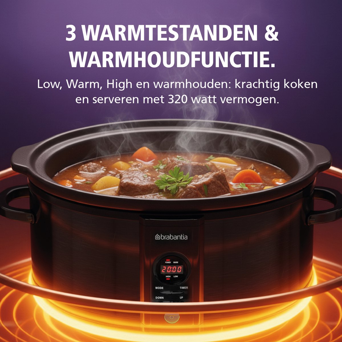 Brabantia Slowcooker - 6.5 Liter - 320 Watt - Warmhoudfunctie - Keramische Binnenpan - Zwart - BBEK1083MB – foto 4