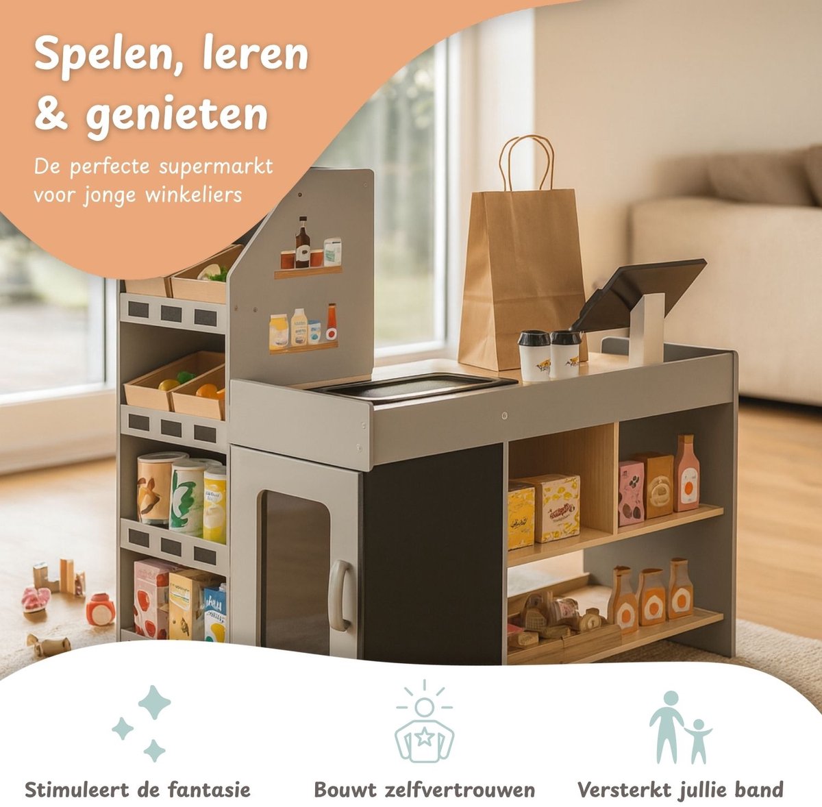 Maxx Kidz Houten Speelgoed Winkeltje – Supermarkt met 56 Accessoires – Inclusief Kassa, Groente, Fruit & Meer – Inclusief hoek – Houten Winkel vanaf 3 Jaar — afbeelding 8