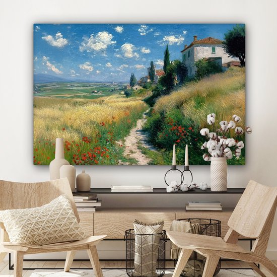 Tableau sur toile 120x80 cm - Décoration murale Chemin de sable - Maison - Arbres - Pelouse - Décoration murale salon - Décoration chambre - Accessoires chambre - Peintures sur toile