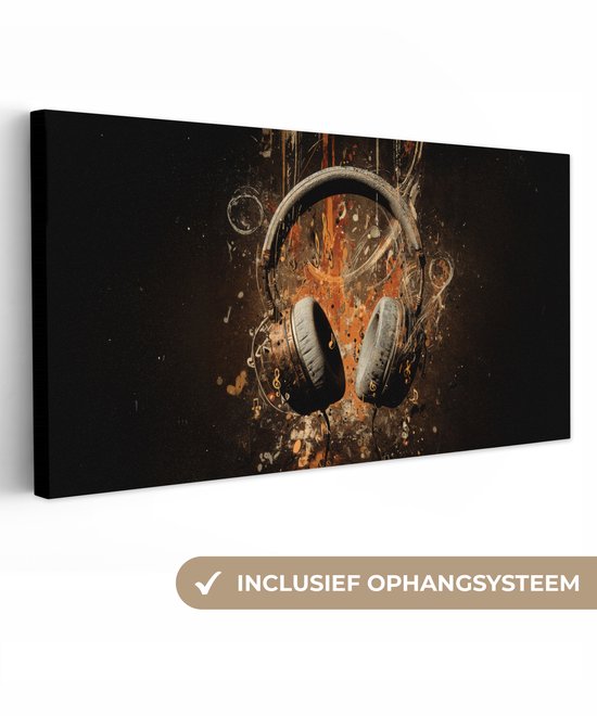 Canvas schilderij 100x50 cm - Wanddecoratie Koptelefoon - Bruin - Dynamische penseelstreken - Muurdecoratie woonkamer - Slaapkamer decoratie - Kamer accessoires - Schilderijen op canvas