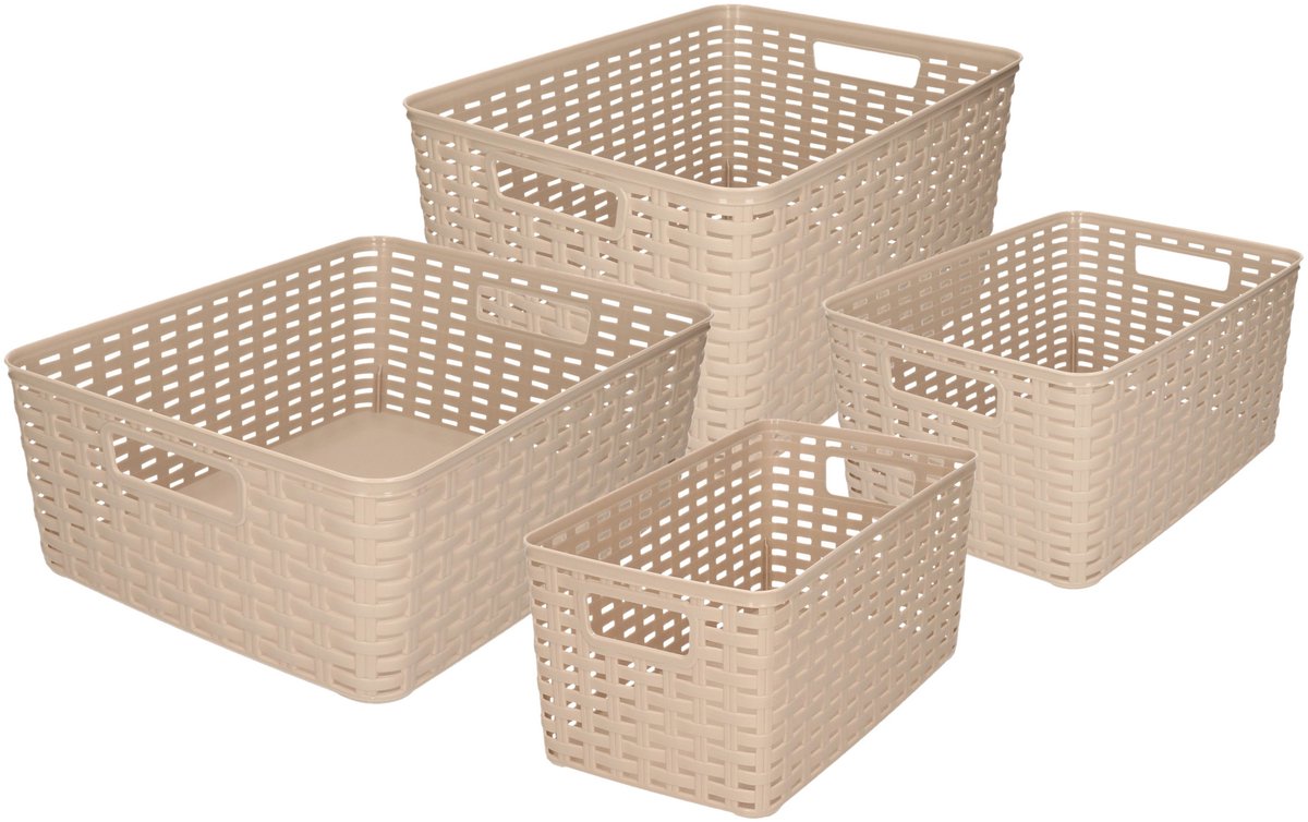 Forte Plastics Opbergboxen / opbergmandjes set - 4x stuks - rotan kunststof - taupe - met inhoud 5/10/12/18 liter