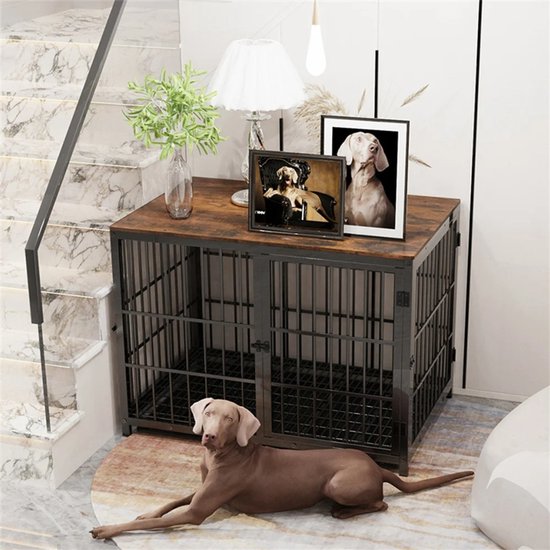 Lynly - Cage pour chien avec étagère en bois taille M - Bench métal et bois - Table d'appoint pour chenil - Meuble banc Chiens - avec 3 portes