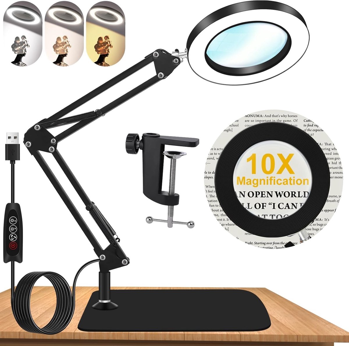 Vergrootglas met Verlichting en Standaard - 10x Vergroting, 3 Verlichtingsmodi, 10 Helderheidsniveaus - Ideaal voor Lezen en Kluswerk