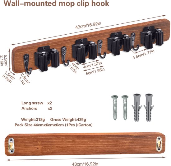 Hangende bezem en dweil, houten wandbezemhouder met 4 standen en 4 haken, moderne hangende bezemorganizer voor keuken, garage, tuin van Unclutterer — afbeelding 2