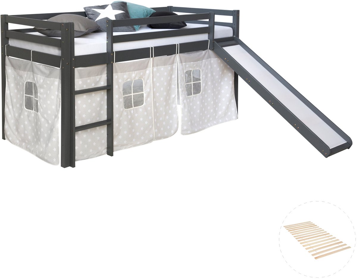Homestyle4u Hoogslaper - 90x200 cm - met lattenbodem - met glijbaan - gordijn met sterrenmotief Grijs