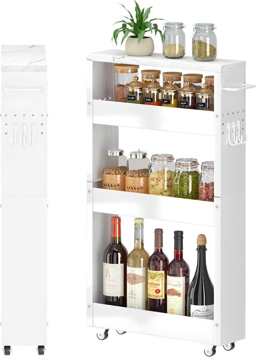 WNHB® Smalle Keuken Trolley op Wieltjes – Metalen Opbergrek met 3 Lagen en Werkblad – 13 cm Breed – Voor Keuken Badkamer en Kantoor