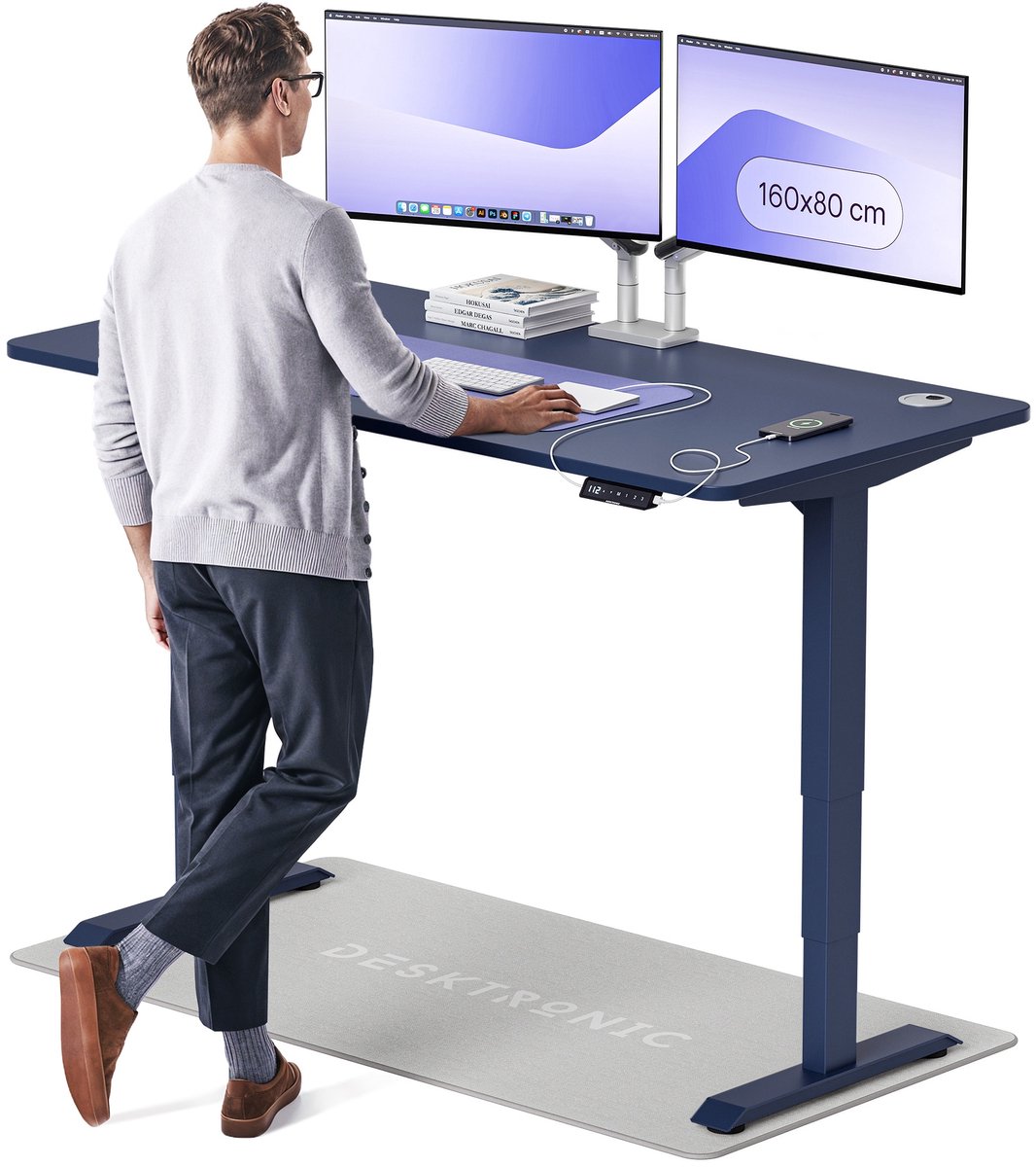 Desktronic HomePro Zit-sta Bureau Elektrisch In Hoogte Verstelbaar, 160x80 cm Blauw/Blauw, Stille Dubbele Motor, Hoogte 62-126cm