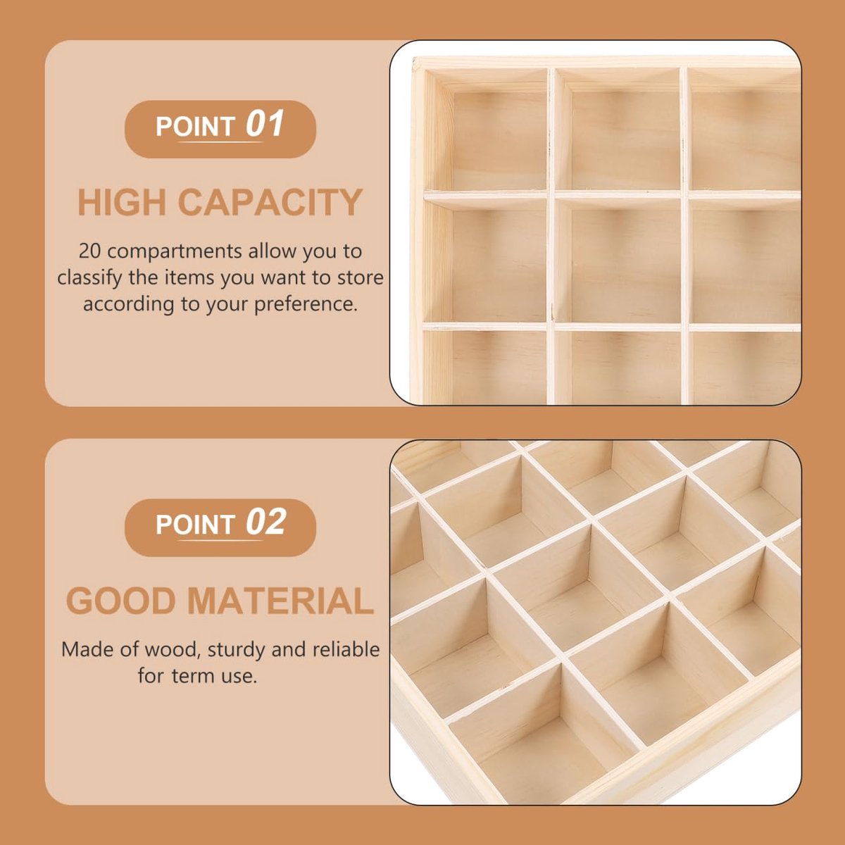 Houten Opbergdoos met 20 Vakken - Onbehandeld Natuurlijk Hout - Voor Edelstenen, Kristallen, Sieraden en Verzamelobjecten - 27 x 5 x 5 cm — cadeau in Hobby - foto 4