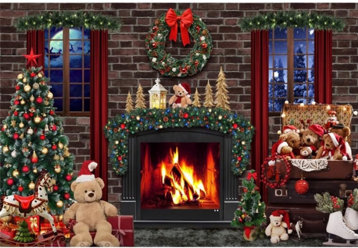 Kerst Achtergrond 11x8ft - Grote Fotografie Achtergrond Met Open Haard En Kerstboom - Xmas Cadeaudoos Banner Voor Kerstfeest En Nieuwjaar Party Decoratie