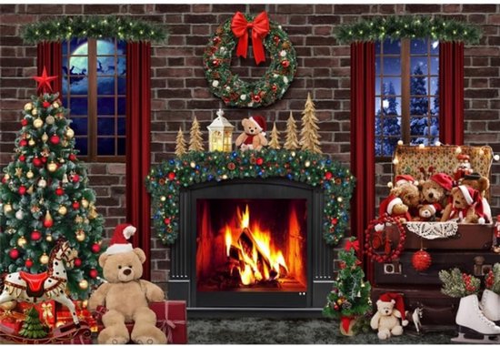 Tapisserie Murale Noel Toile De Fond Noël 1.5x1.2m - Cheminée Vintage, Arbre, Stockings, Hiver - Photographie Fond Pour Famille, Enfants, Portrait - Décorations Bannière Photo Booth Props Rideau Noel