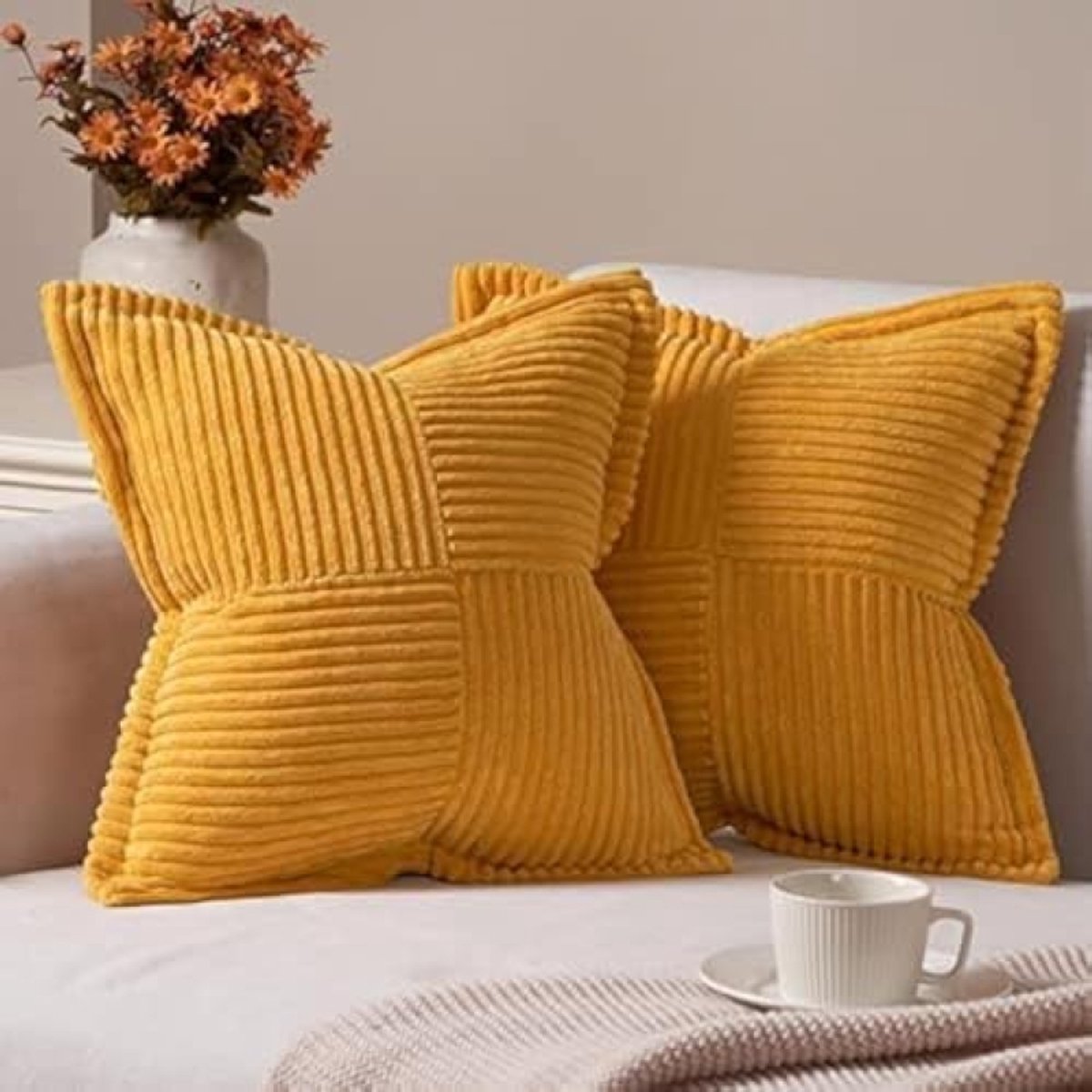 Set van 2 gele kussenhoezen 40x40 cm met onzichtbare rits - Zachte ribfluweel hoeslopen voor bank, sofa en stoelen - Decoratieve kussenslopen voor woonkamer en slaapkamer