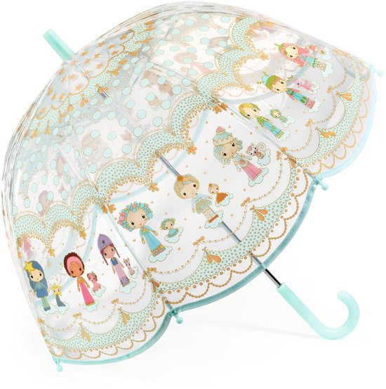 Transparante kinderparaplu met mintgroene rand en handvat, versierd met gouden en mintgroene kantdetails en schattige Tinyly-personages op wolken.