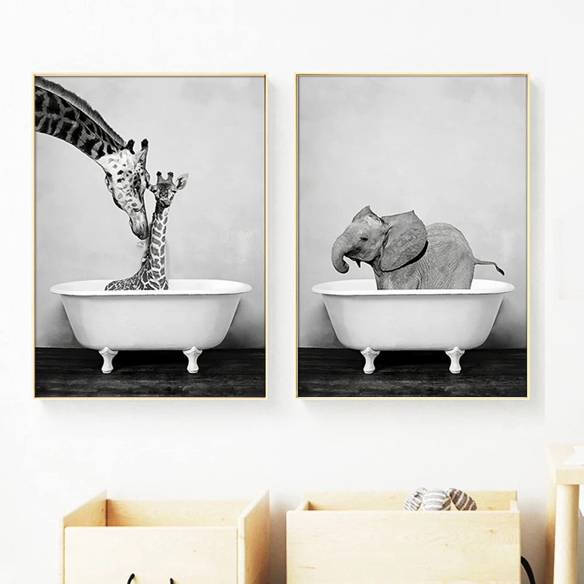 Ibenzoa Canvas Schilderij van Giraffe in Bad voor Levendige Wanddecoratie Zwart wit