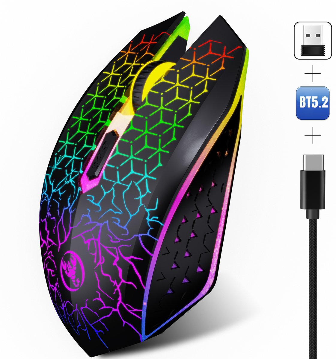 Draadloze Zwart Muis Gaming PRO GM1 met LED - Geruisloze werking - Oplaadbaar - Draagbaar - Draadloos 2.4G - Inclusief USB-ontvanger