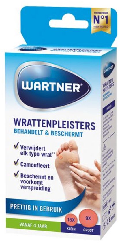 Wartner wrattenpleisters doos, met afbeelding van voet met pleisters, tekst "WERELDWIJD N°1 TEGEN WRATTEN" en "PRAKTISCH IN GEBRUIK".