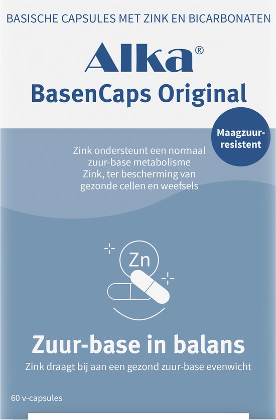 Alka BasenCaps Original doos in blauwtinten. "Maagzuur-resistent" en "Zink voor zuur-base in balans". Bevat 60 v-capsules.