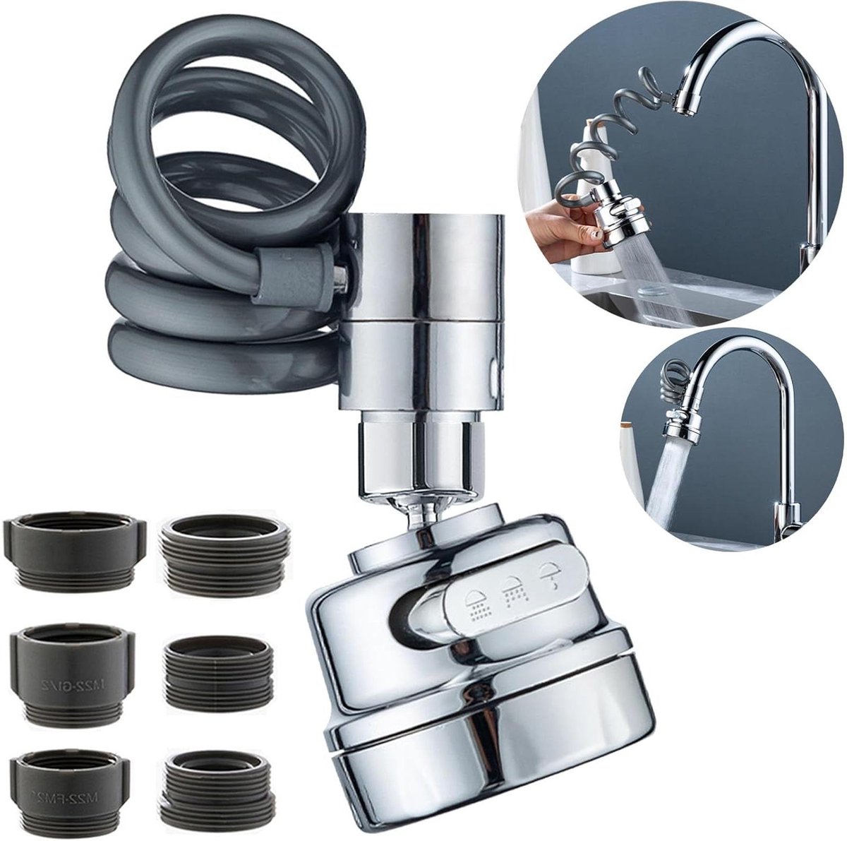 Allecto plus - Kraanbeluchter Keuken met Elastische Slang en 360° Draaibare Kop - Waterkraan Beluchter en Kraanverlenging - Tap Spray Head en Extender Opzetstuk - Sproeier met Kraanadapter - Keukengereedschap voor Waterbesparing.