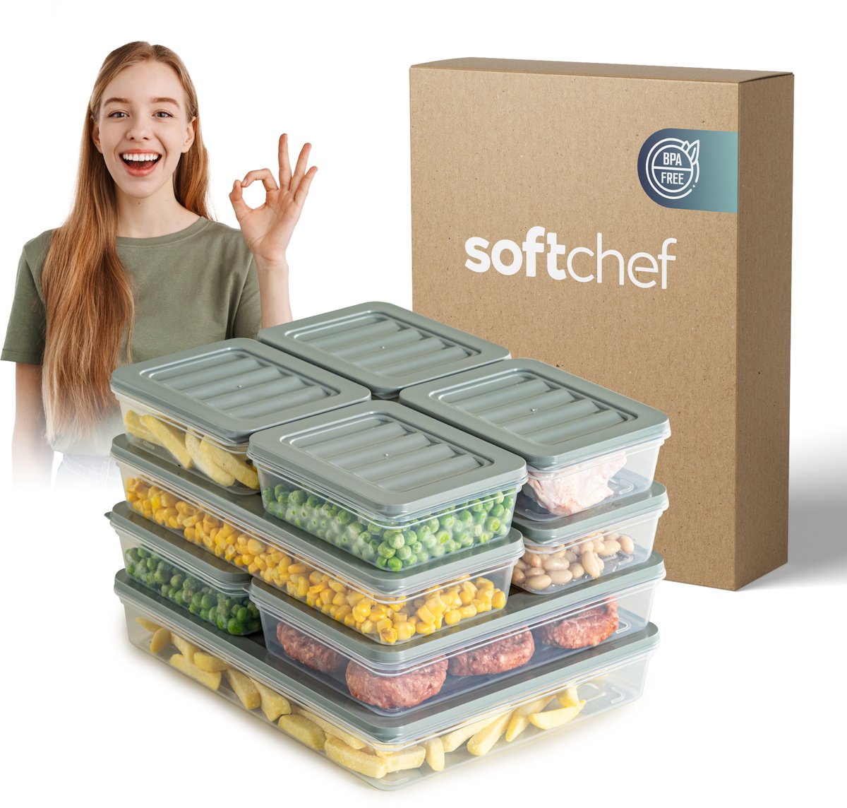 Soft Chef Fresh Box 9-delige Voedselbewaarset (4×600 ml, 2×1170 ml, 2×1200 ml, 1×2400 ml) – Transparant met grijze deksels – BPA-vrij – Luchtdicht & Stapelbaar – Vaatwasser & Vriezerbestendig