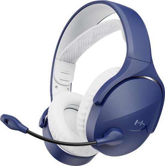 Gedetailleerde opname van een blauwe HyperX gaming headset met witte oorkussens en hoofdband.